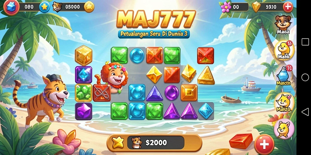 Tangkapan layar utama MAJ777 yang menunjukkan gameplay Match-3 yang seru.
