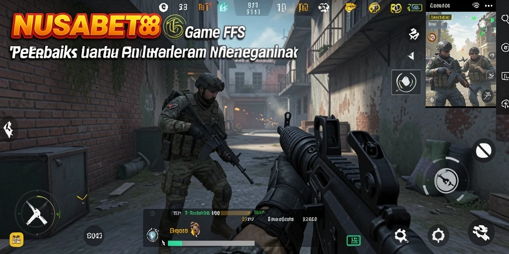 Tampilan mendebarkan gameplay FPS NUSABET88 saat bertempur di medan perang.